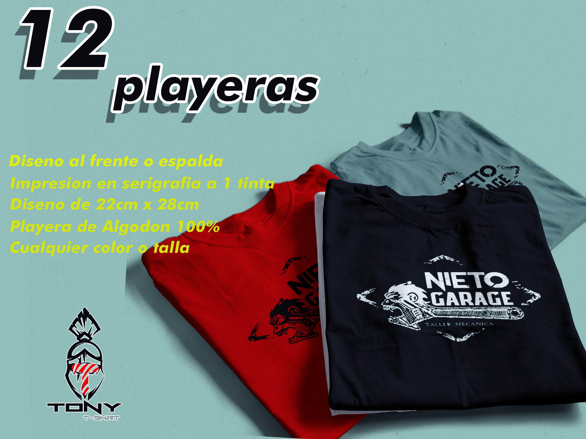 12 Playeras impresión a 1 Color (1tinta)
