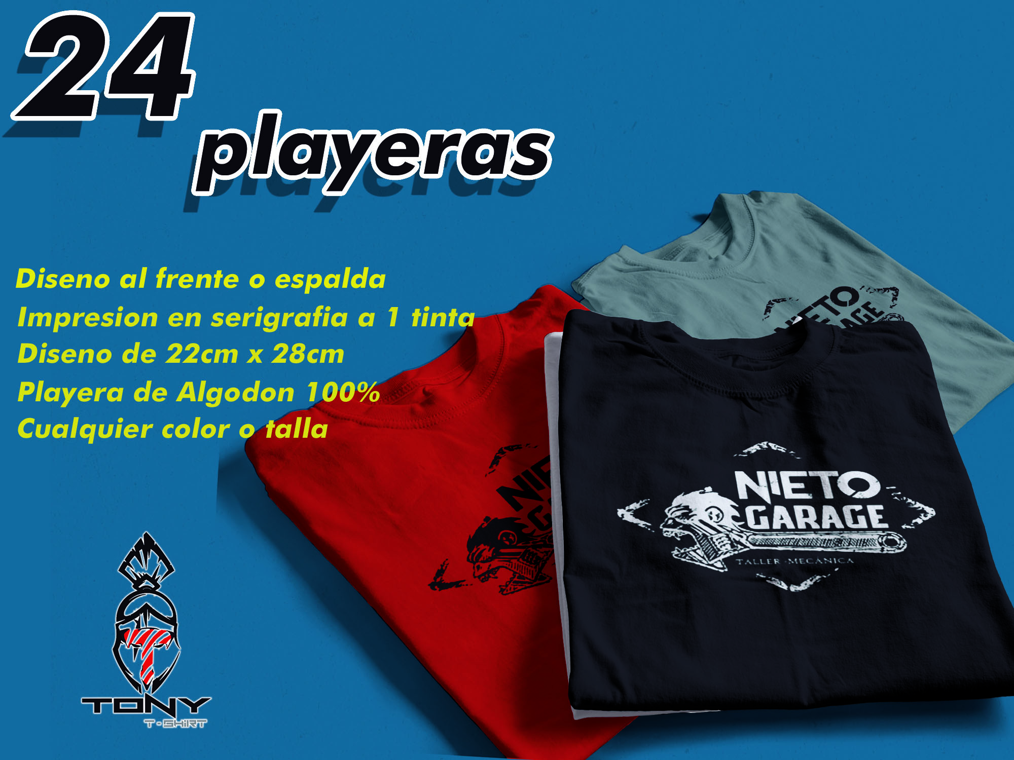 24 playeras impresión a 1 Color (1tinta)