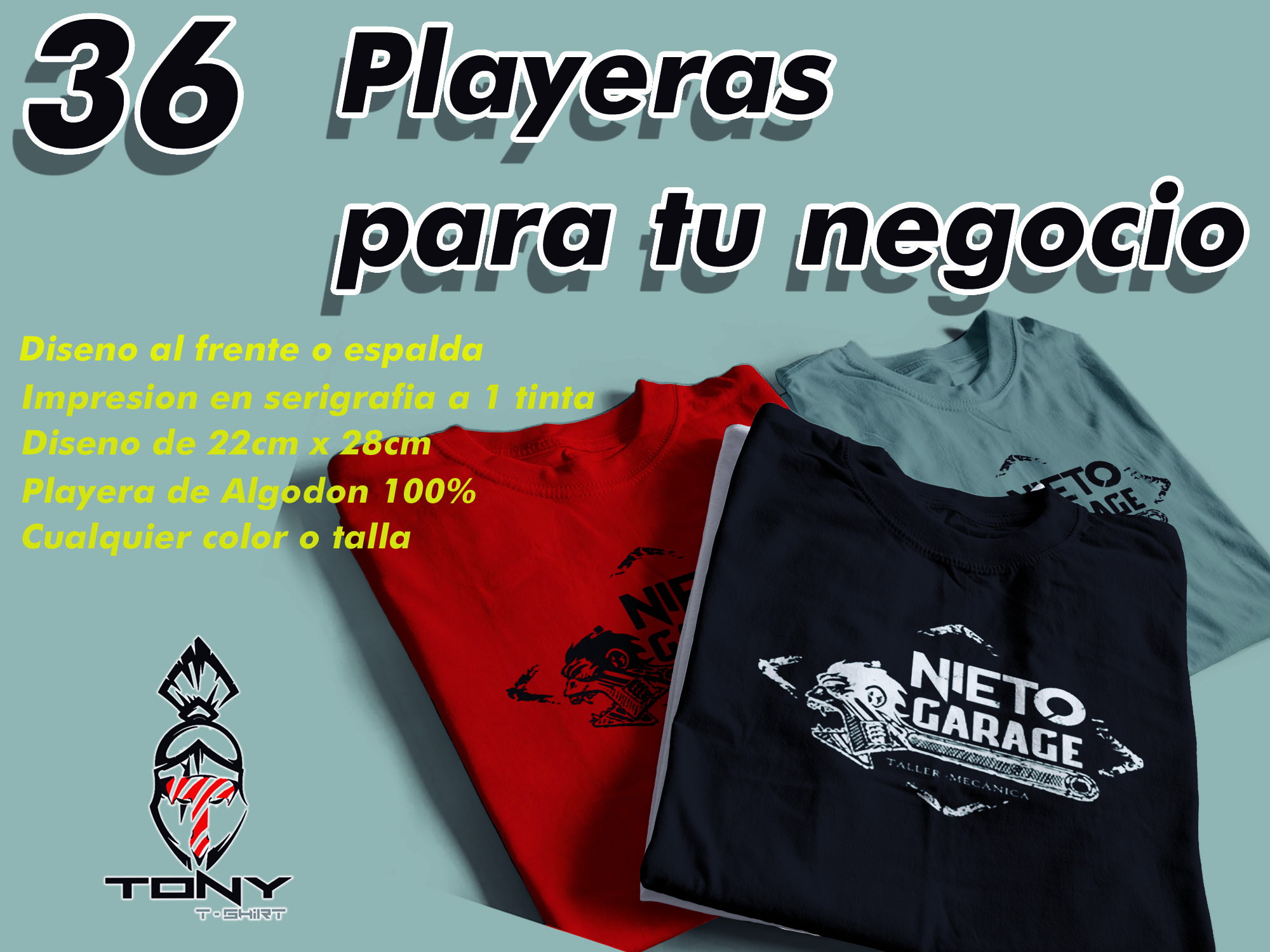 36 playeras impresión a 1 Color (1tinta)
