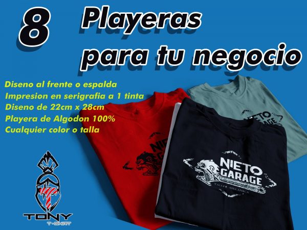 8 Playeras impresión a 1 Color (1tinta)